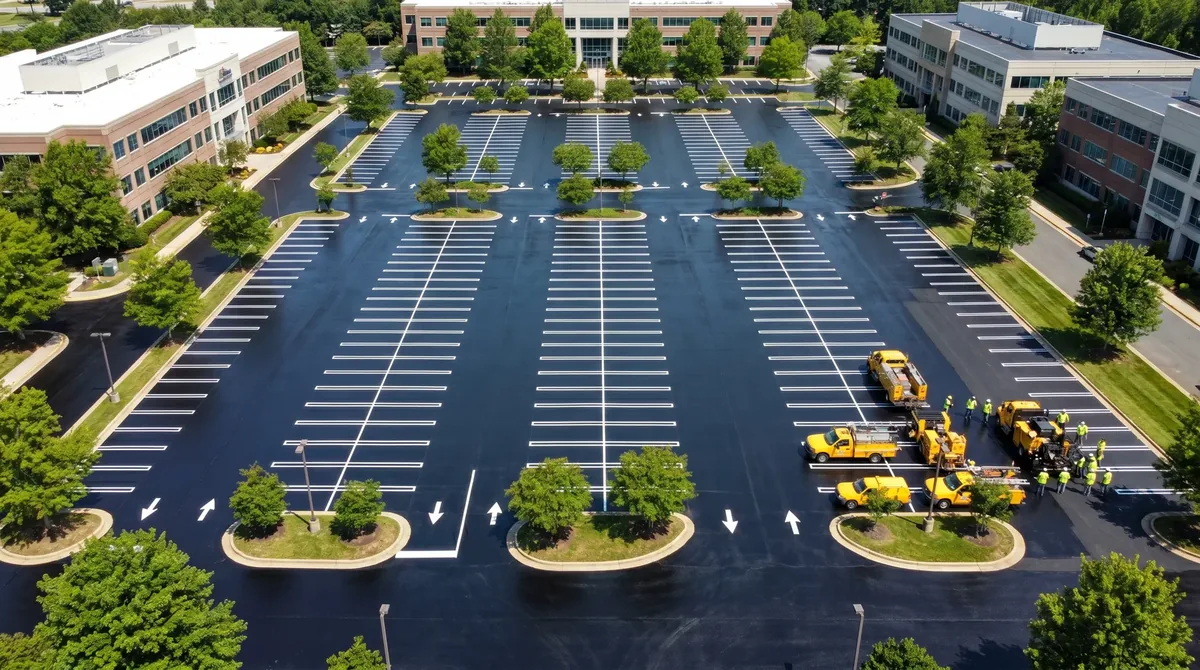 Aerial view of a freshly sealcoated commercial parking lot in Westchester County with crisp white line striping