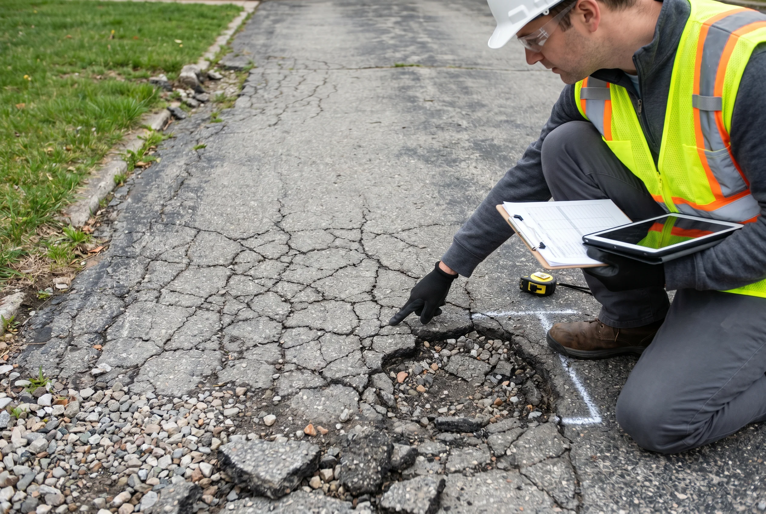 Close-up of various asphalt failure patterns including alligator cracking and edge deterioration