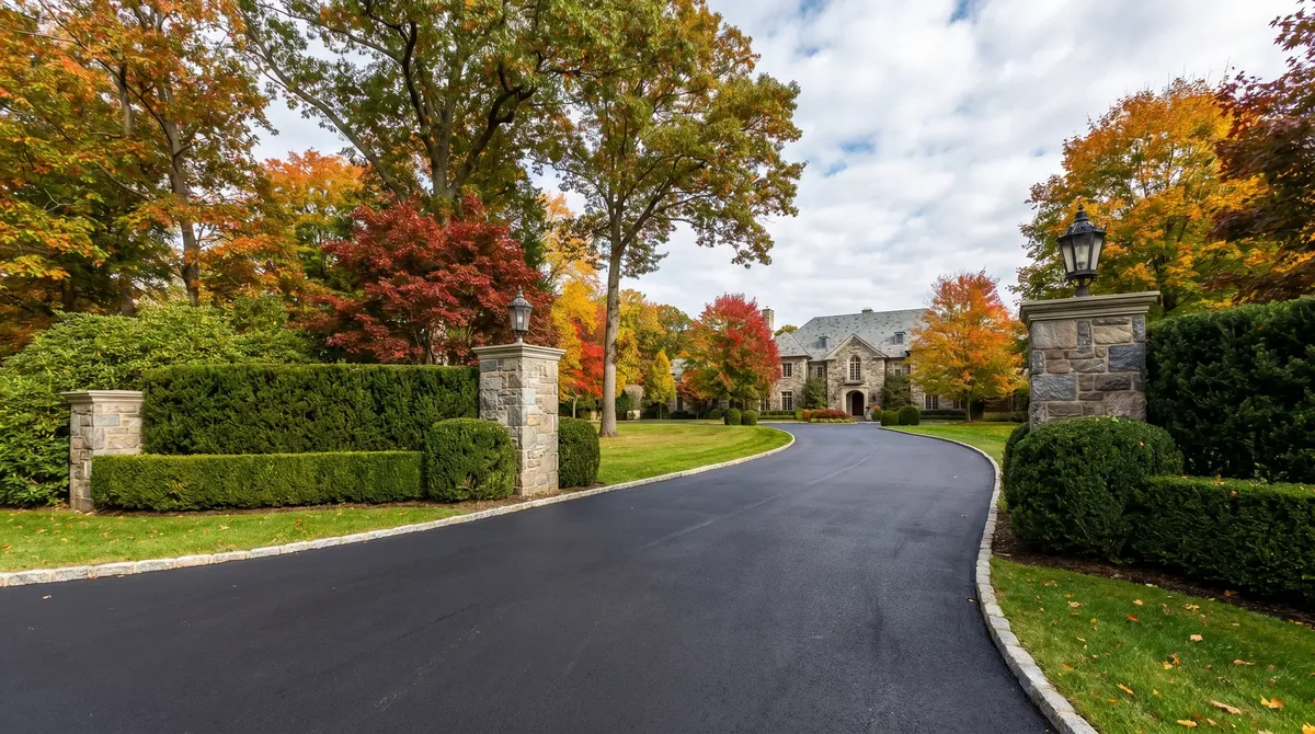 Freshly sealcoated driveway at a Gold Coast luxury home with lush landscaping