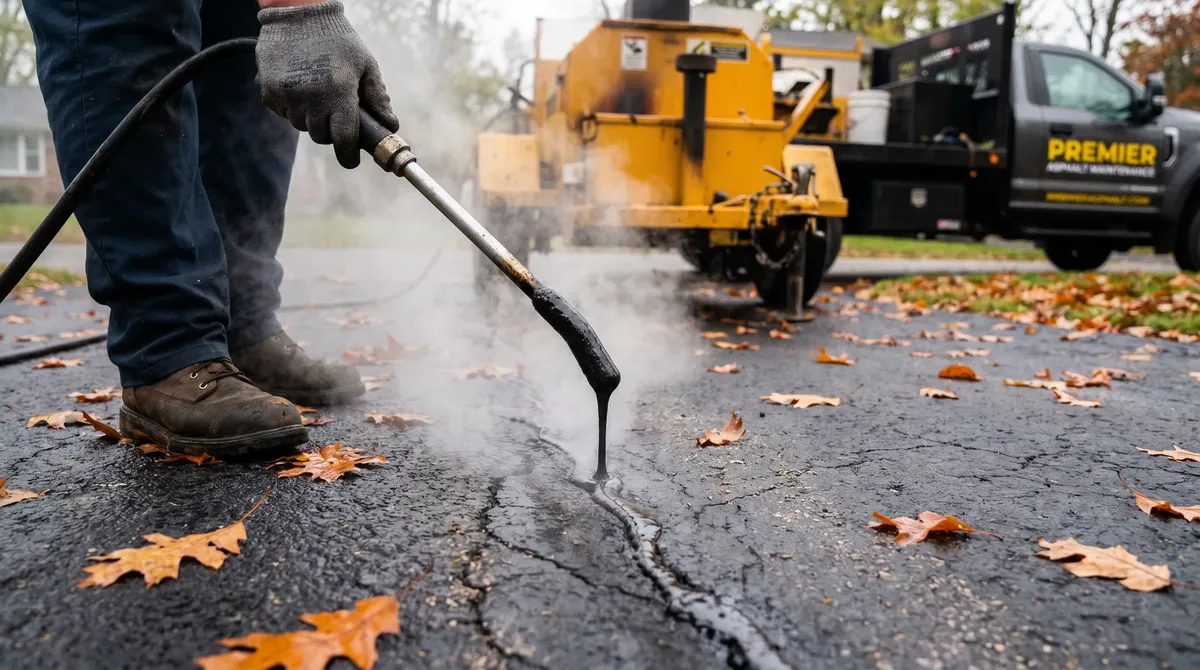 Hot crack filling being applied to asphalt driveway before winter