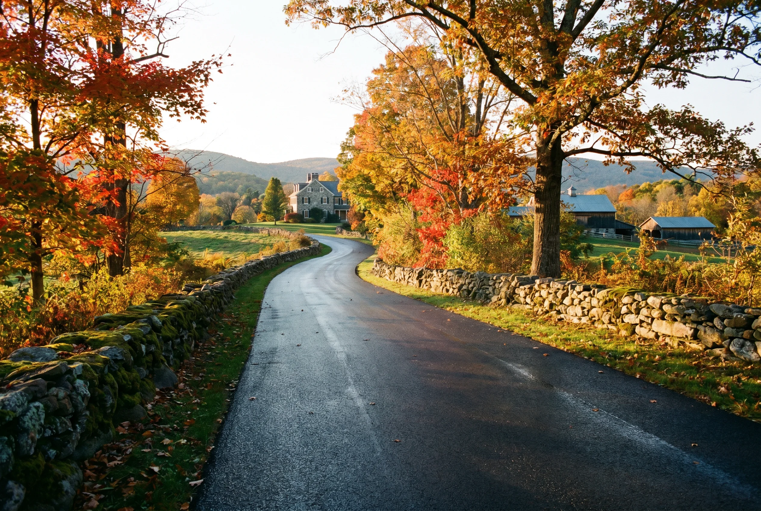 Beautiful long asphalt driveway lined with autumn trees in the Hudson Valley
