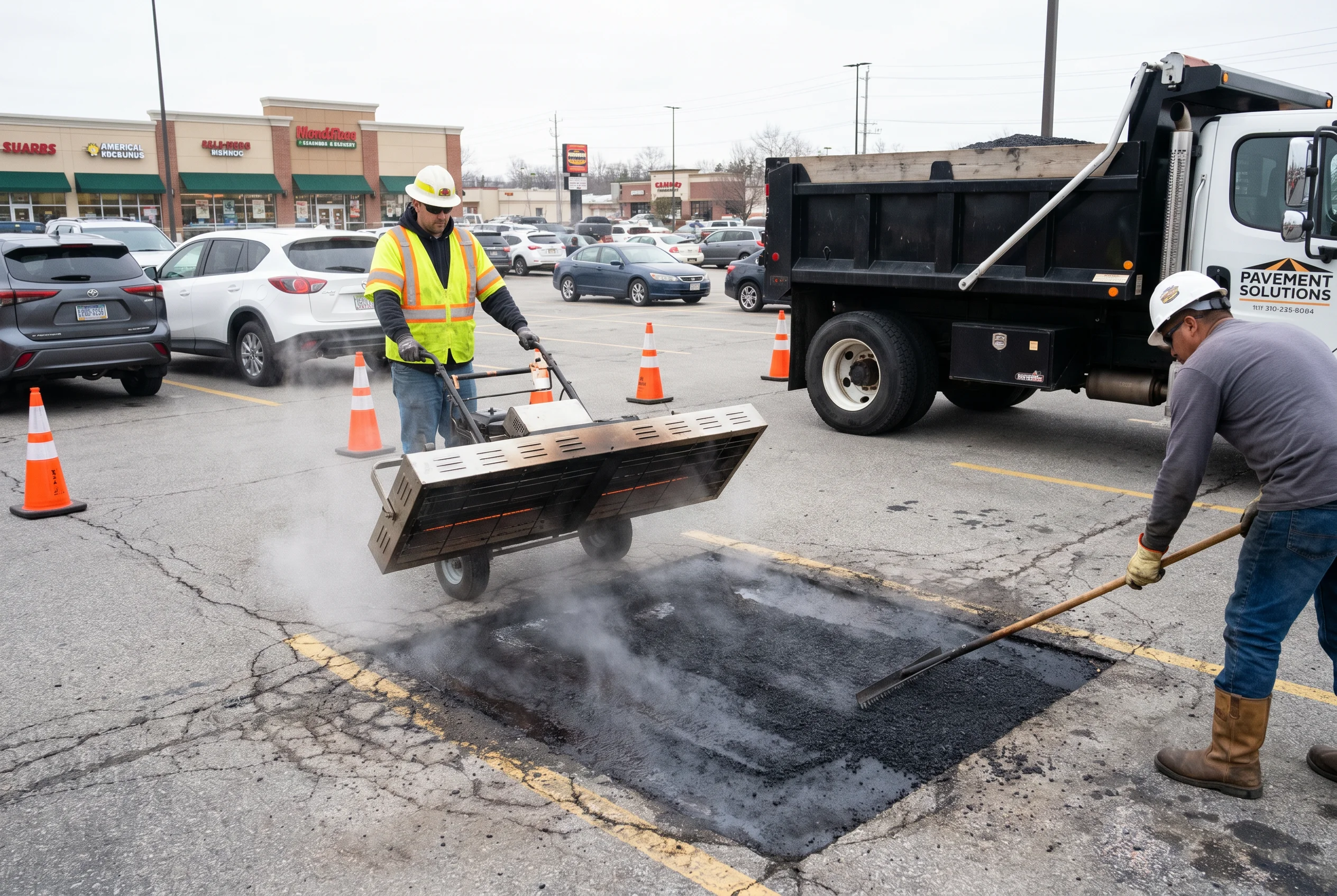 Infrared asphalt repair equipment heating a driveway surface for seamless patching