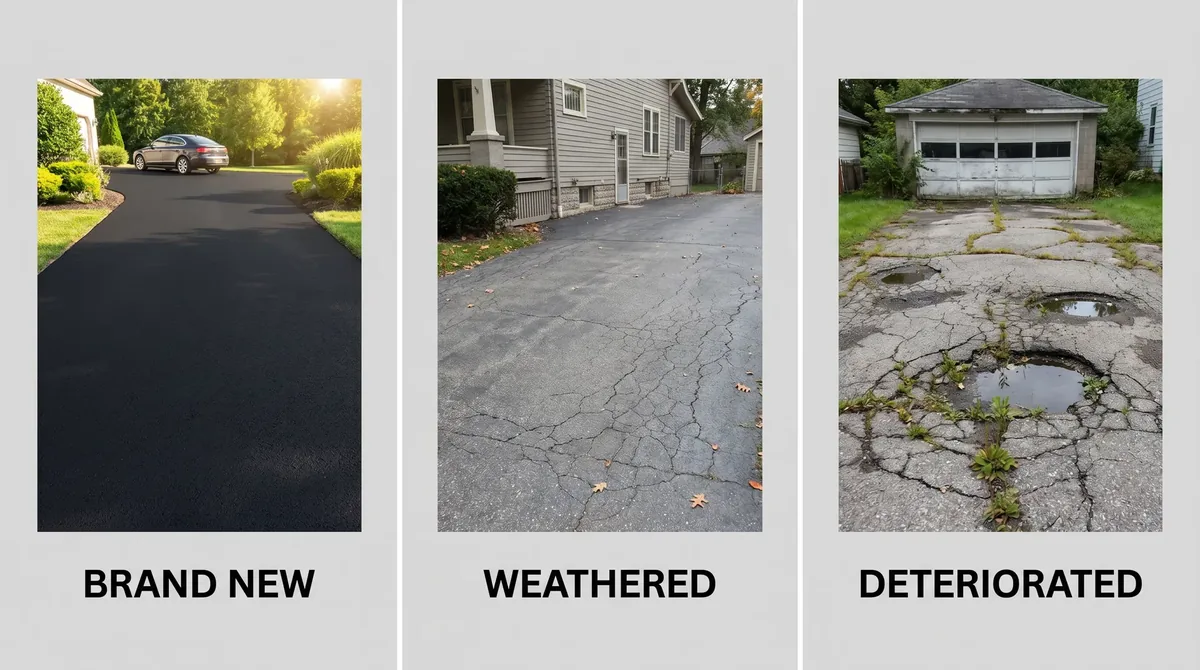Three-panel comparison showing asphalt at different lifecycle stages: new black surface, oxidized gray with cracks, and full replacement with fresh paving