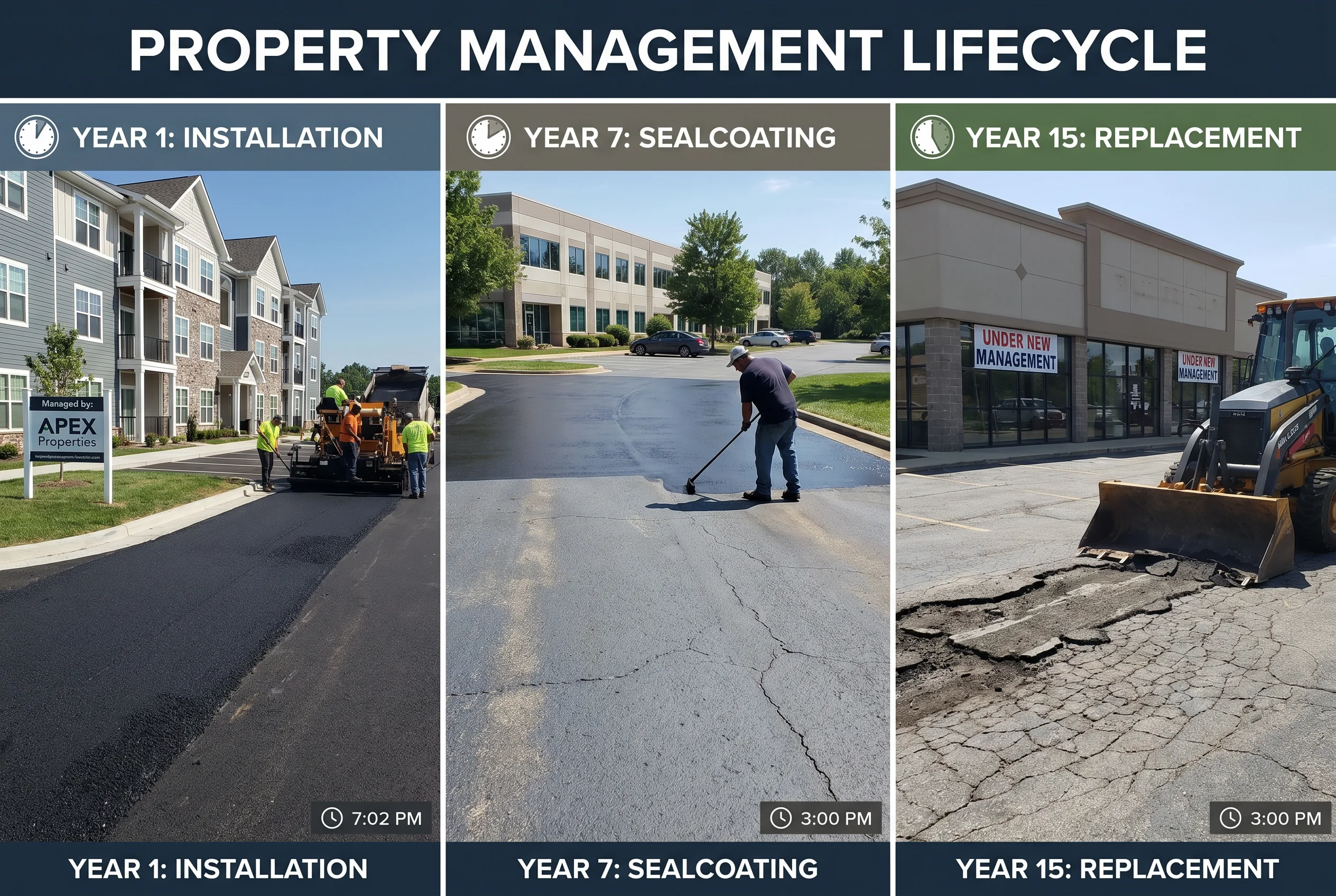 Asphalt driveway lifecycle stages from new installation to replacement