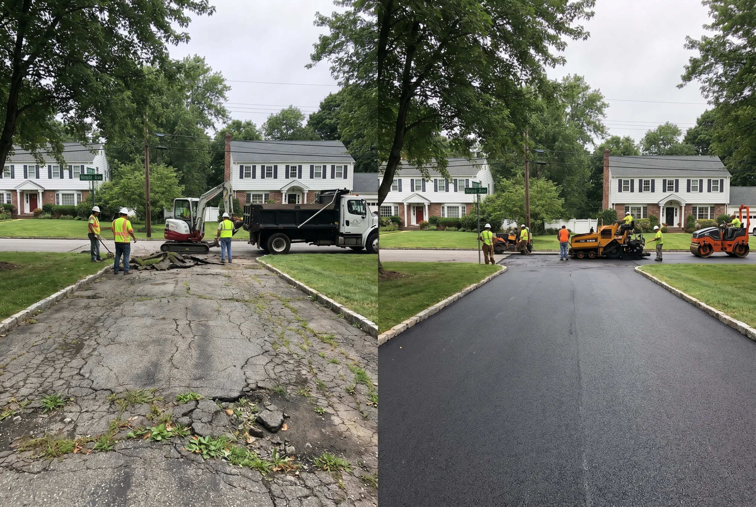 Side-by-side comparison of asphalt driveway and paver driveway
