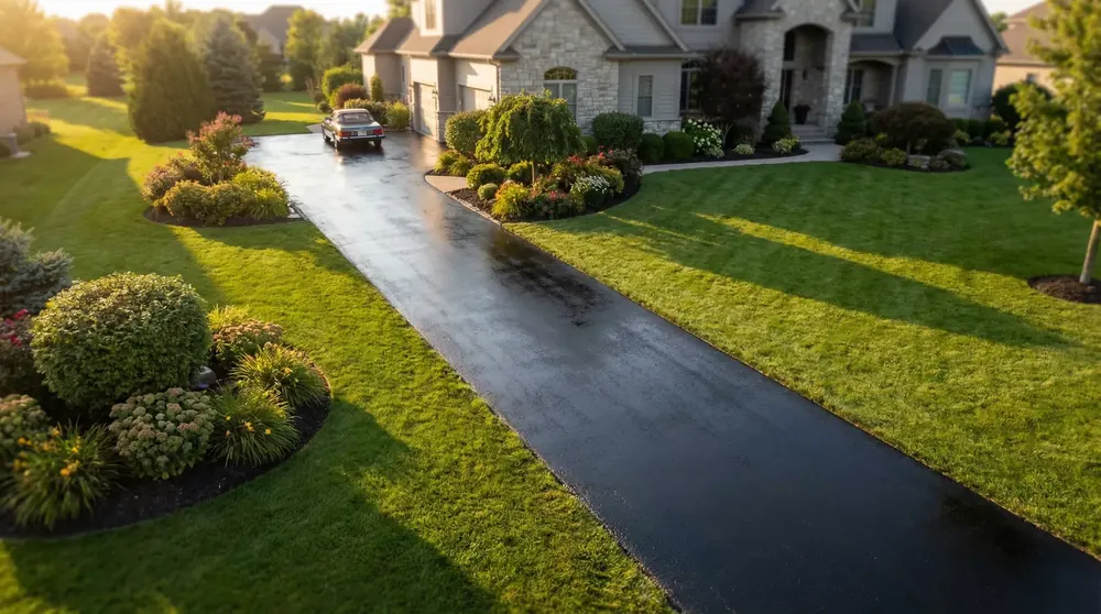 Beautifully sealed residential asphalt driveway leading to an upscale home in Westchester County