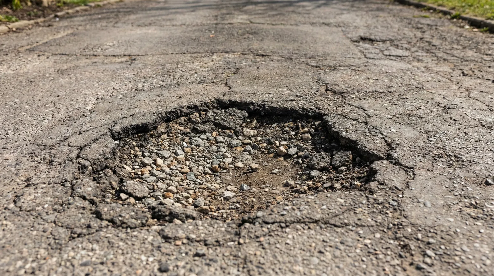 Large pothole in asphalt driveway requiring professional repair